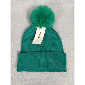 On 34th Green Knit Cuffed Beanie With Fluffy Faux-Fur Pom-Pom One Size NWT's